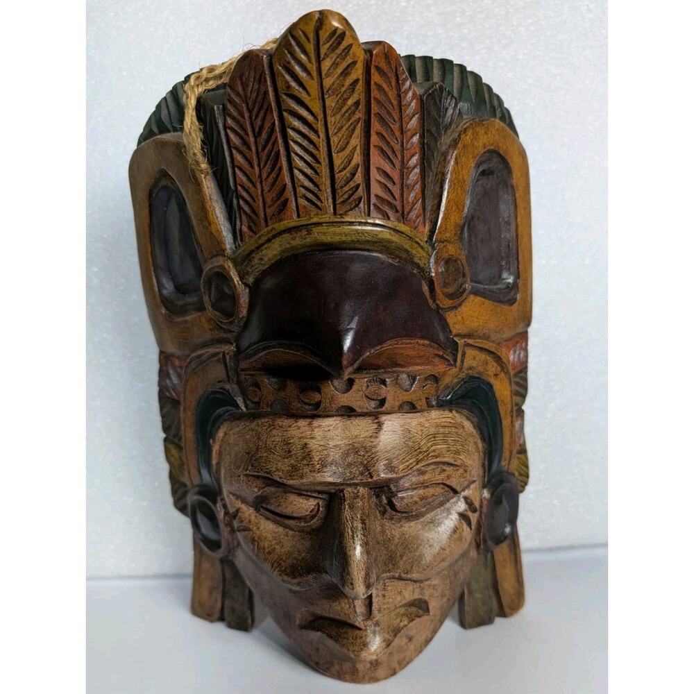 Vintage Mayan Aztec Tribal Warrior Wooden Mask Wall Hanging Handcrafted Latin...